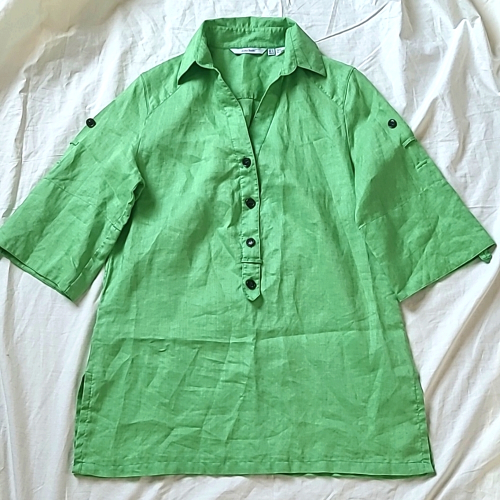 Zara 100% Ramie Apple Green Roll tab Sleeves Blouse, Made in Spain, Size M